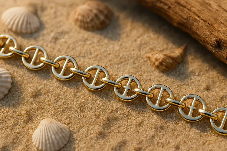 A chain, a round link shaped like an anchor. A chain, a round link shaped like an anchor.