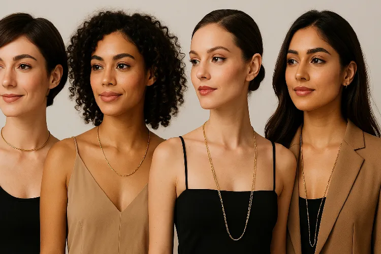 Display necklaces of different lengths: collarbone chain, princess chain and opera chain, showing a variety of styles. Display necklaces of different lengths: collarbone chain, princess chain and opera chain, showing a variety of styles.