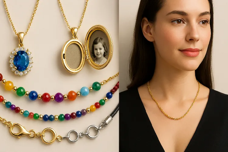 Multiple necklaces: jewel pendant, birthday stone, photo box Multiple necklaces: jewel pendant, birthday stone, photo box