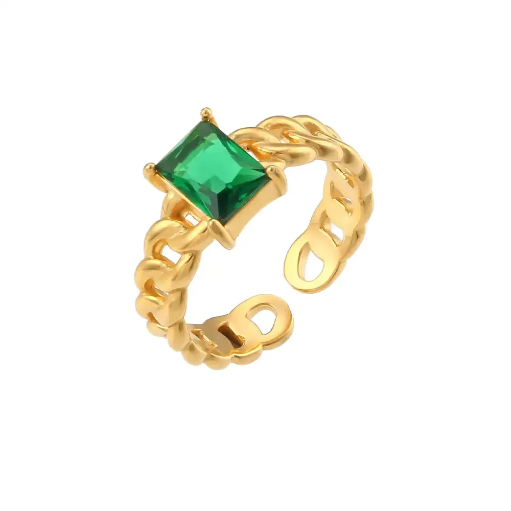 Chain link stainless steel ring with a green square gemstone