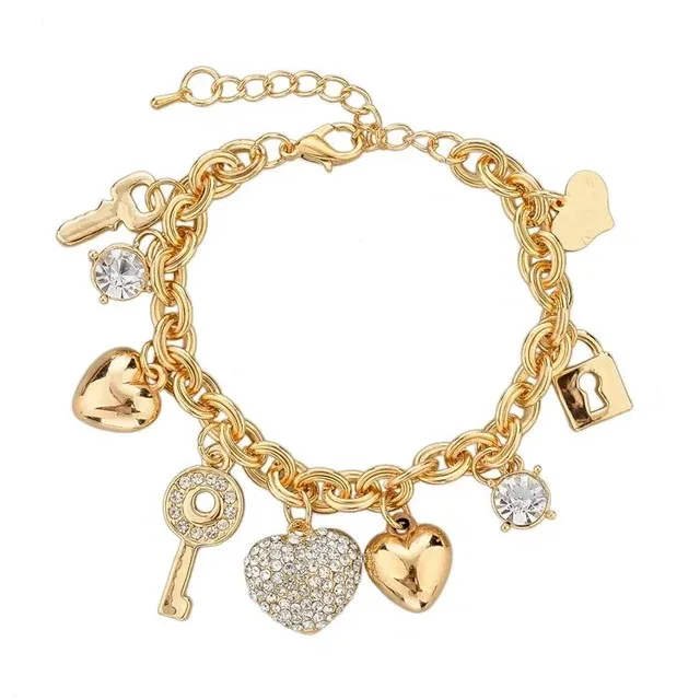 Stainless steel gold charm bracelet with hearts and keys