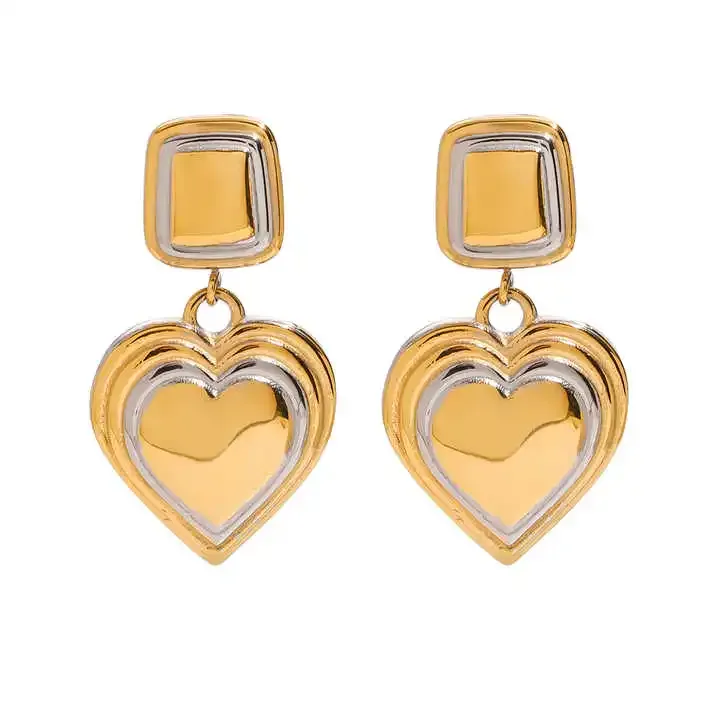 Stainless steel gold heart drop earrings with silver accents