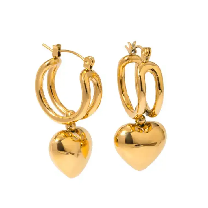 Stainless steel gold hoop earrings with heart shaped pendants
