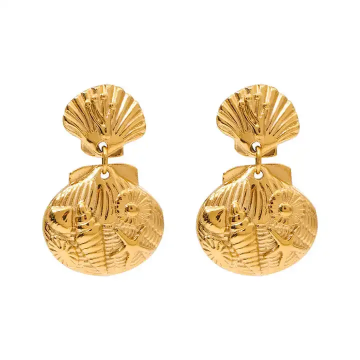 Stainless steel gold shell and ocean motif drop earrings
