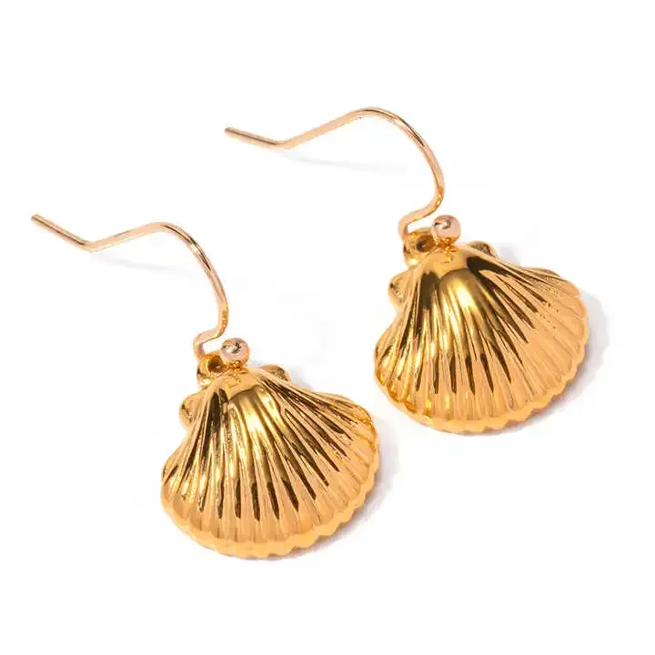 Stainless steel gold shell dangle earrings with polished finish