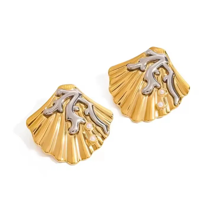 Stainless steel gold shell earrings with silver coral details