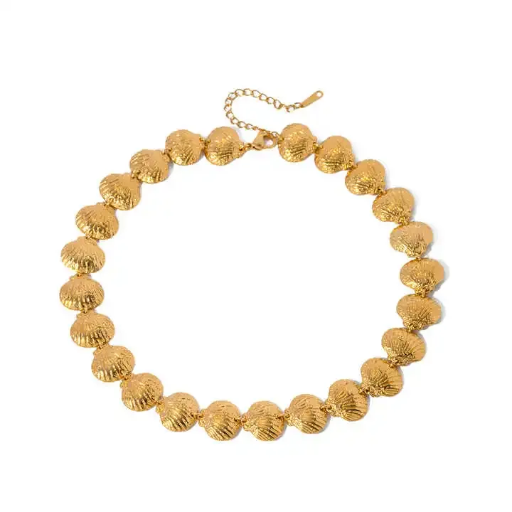 Stainless steel gold shell necklace with textured finish