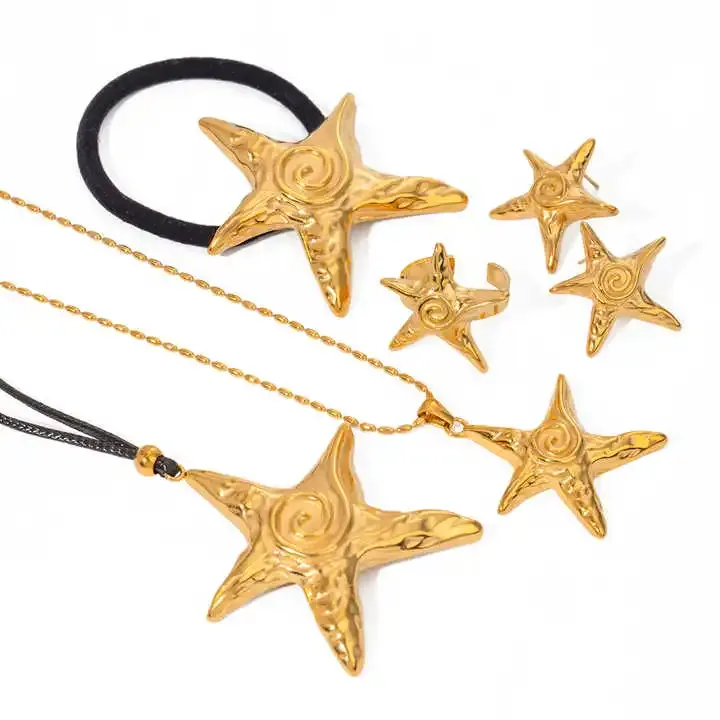 Stainless steel gold starfish jewelry set with textured finish