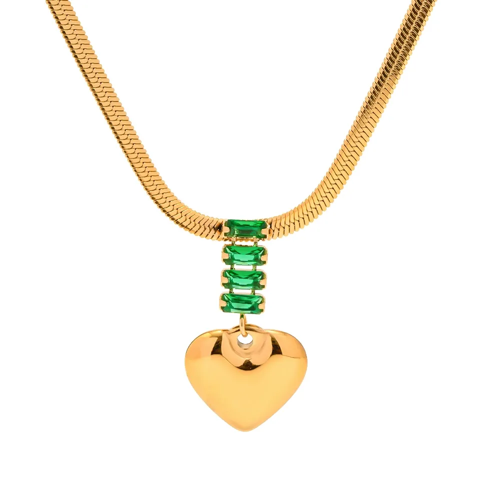 Stainless steel heart necklace with emerald green gemstones