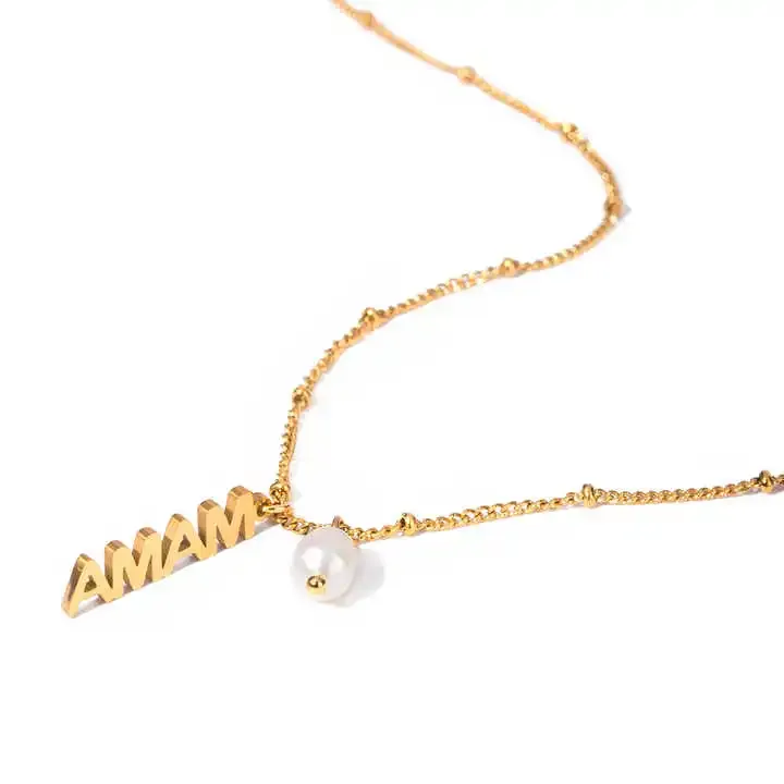 Stainless steel letter necklace with AMAM pendant and pearl charm