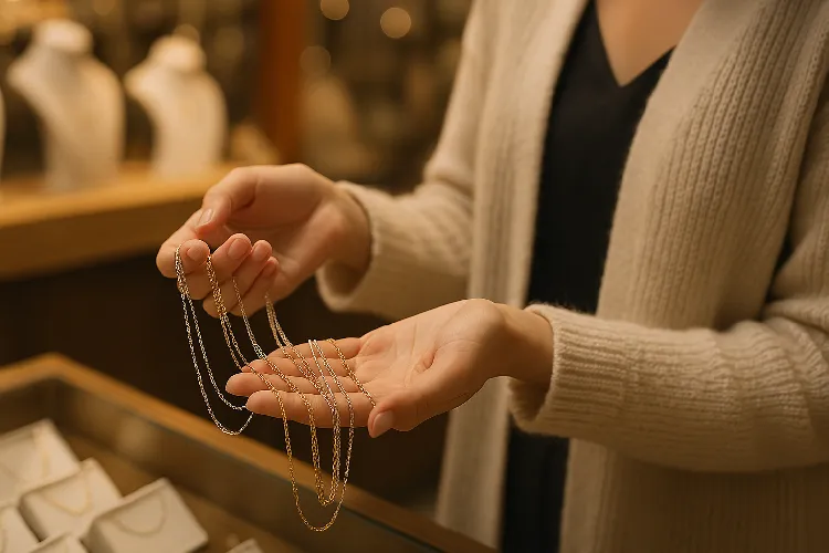 Customers select necklaces at a jewelry store. Customers select necklaces at a jewelry store.