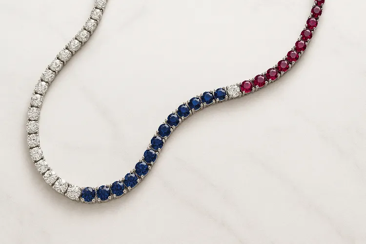 Anatomy of a tennis necklace with various gemstones Anatomy of a tennis necklace with various gemstones