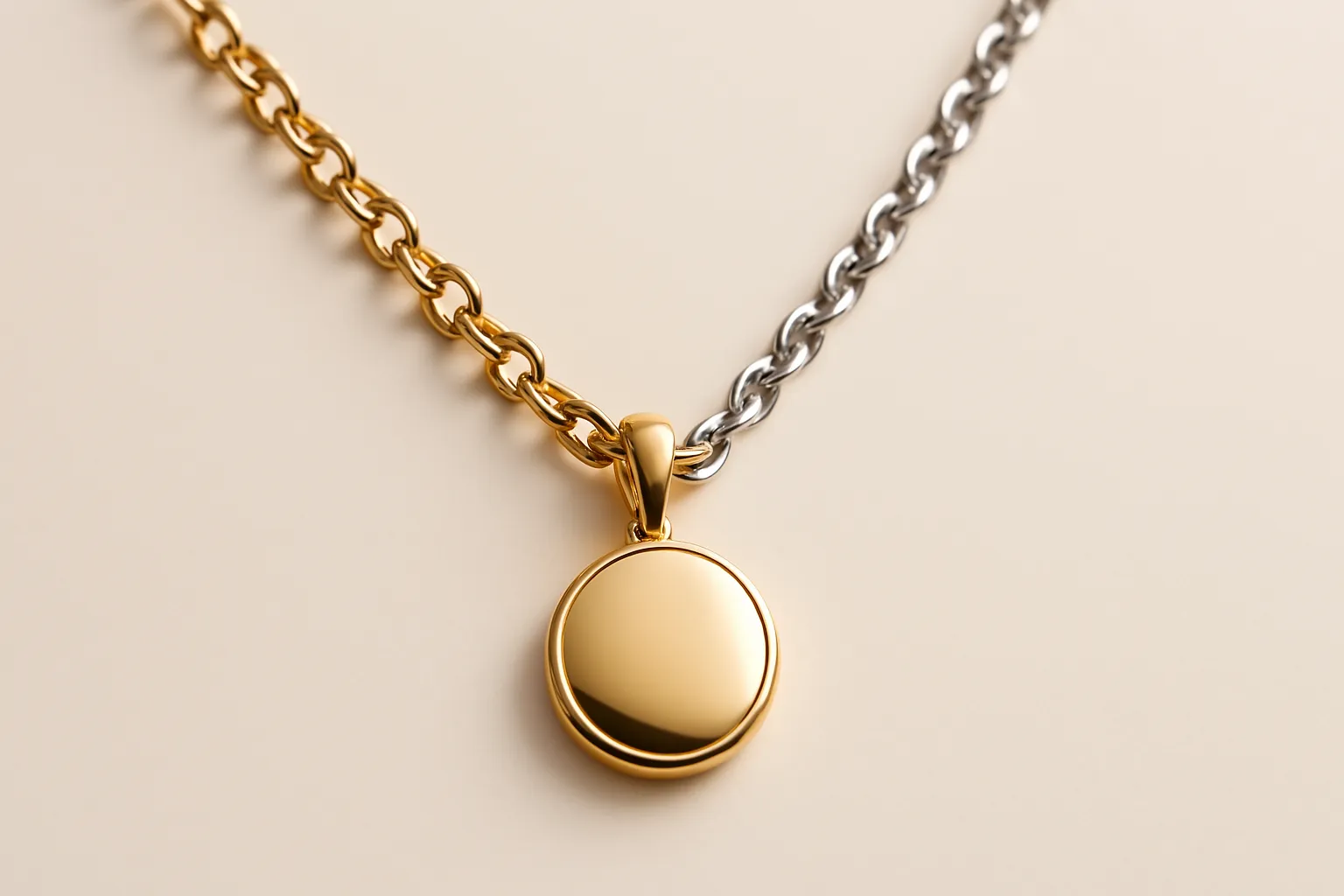 Gold and silver double color interlace necklace and gold round pendant