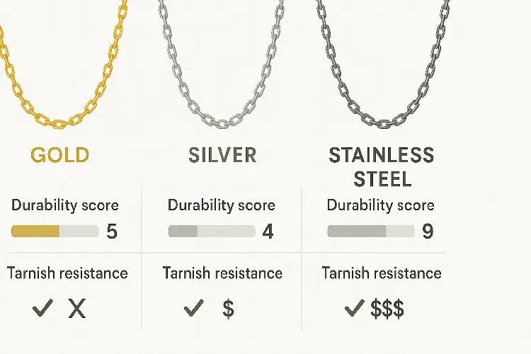 Gold, silver, stainless steel necklace comparison: durability, resistance to discoloration and price. Gold, silver, stainless steel necklace comparison: durability, resistance to discoloration and price.