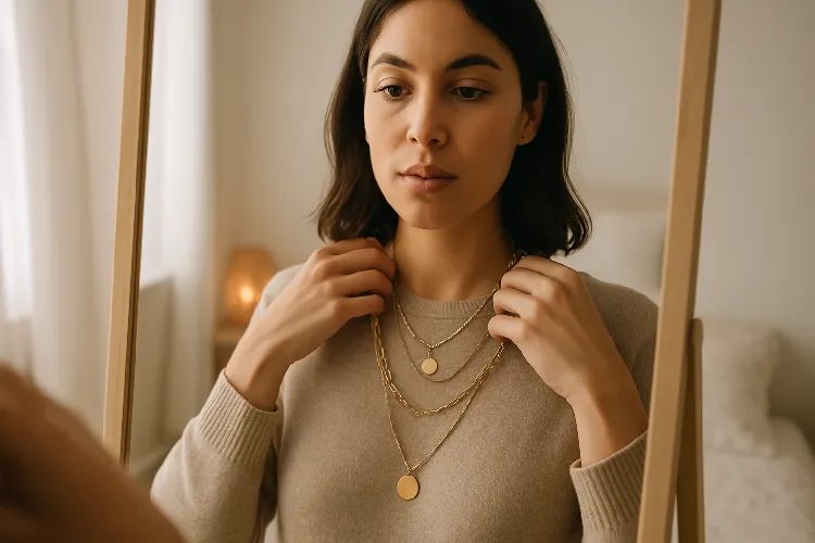 Trying on necklaces to find the right length