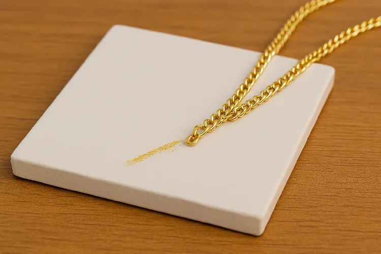 The gold necklace has gold marks on the ceramic plate to show the contrast of metals. The gold necklace has gold marks on the ceramic plate to show the contrast of metals.