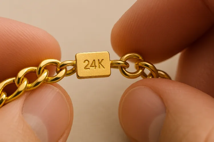 Check the 24-karat gold mark on the necklace to show the jewelry details. Check the 24-karat gold mark on the necklace to show the jewelry details.