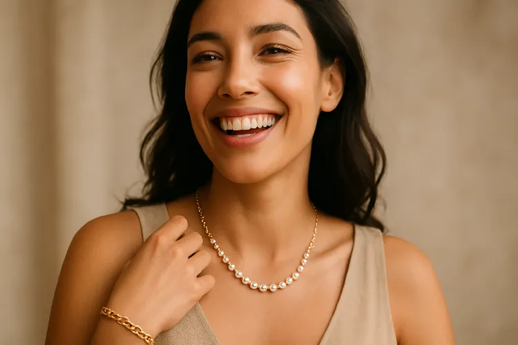 Women wearing pearl necklaces and golden bracelets exude an elegant demeanor. Women wearing pearl necklaces and golden bracelets exude an elegant demeanor.