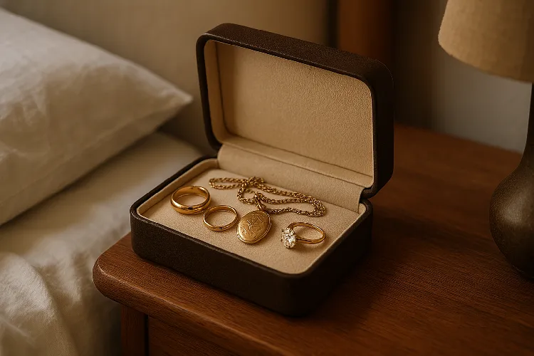 Emotional jewelry is displayed in a jewelry box on the nightstand Emotional jewelry is displayed in a jewelry box on the nightstand