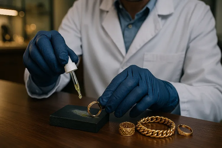 Jewelers use nitric acid to test the authenticity of gold jewelry. Jewelers use nitric acid to test the authenticity of gold jewelry.