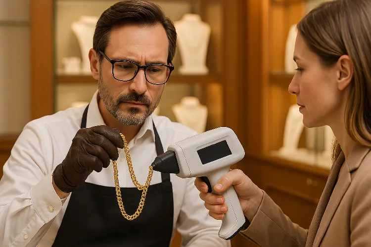 Jewelers use X-ray detectors to evaluate gold necklaces. Jewelers use X-ray detectors to evaluate gold necklaces.