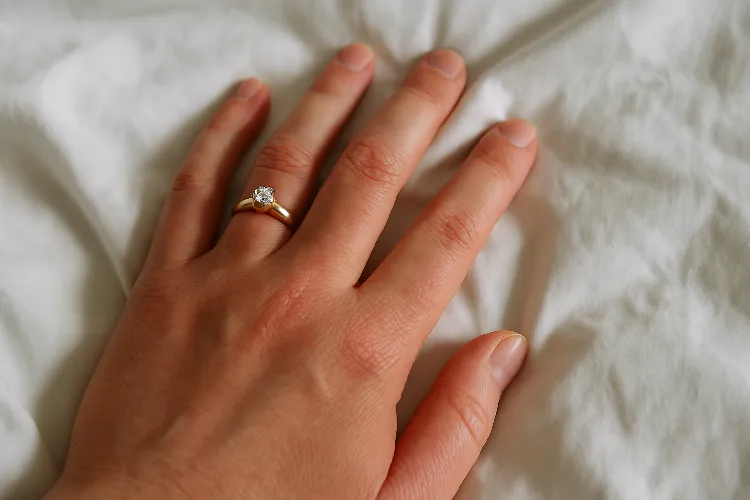 Slight redness and indentation of the hand after wearing the ring all night. Slight redness and indentation of the hand after wearing the ring all night.
