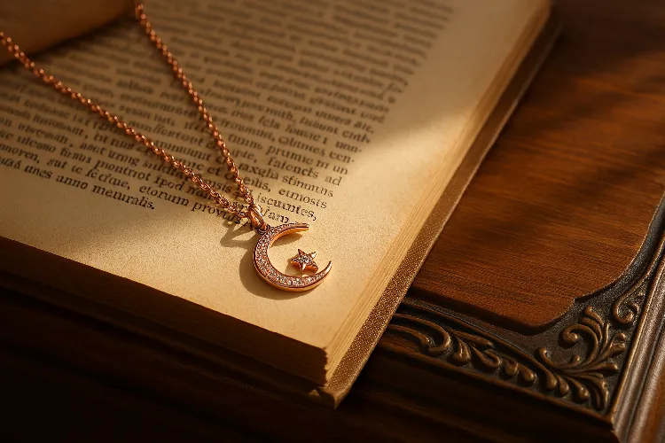 Rose gold necklace on vintage book in sunlight Rose gold necklace on vintage book in sunlight
