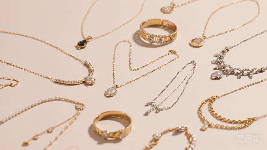 Various necklaces including pendants, chokers, and layered pieces displayed elegantly.