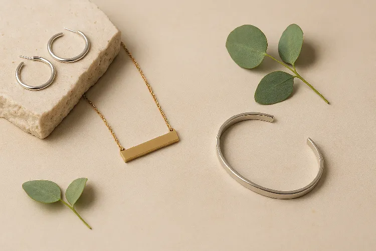 Minimalist style jewelry, including silver earrings, gold necklaces and bracelets. Minimalist style jewelry, including silver earrings, gold necklaces and bracelets.