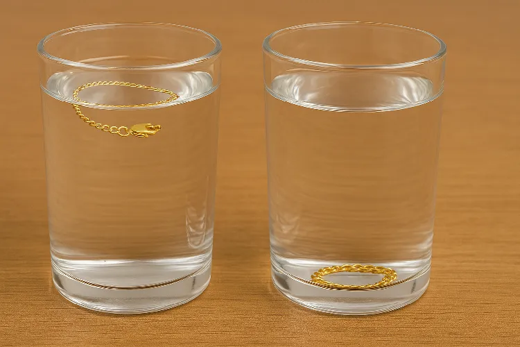 Gold necklace sinking test diagram, compared to light metal necklace floating. Gold necklace sinking test diagram, compared to light metal necklace floating.