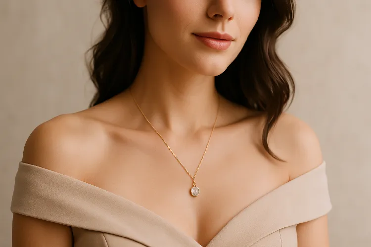 Off-the-shoulder dress with a delicate pendant necklace complementing the neckline Off-the-shoulder dress with a delicate pendant necklace complementing the neckline