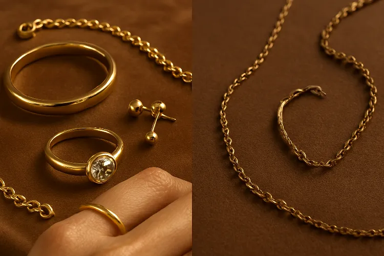 A collection of gold-filled jewelry laid out to show both pros and cons A collection of gold-filled jewelry laid out to show both pros and cons