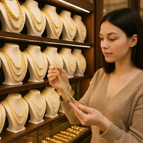 Customers choose from a variety of gold necklaces at a jewelry store. Customers choose from a variety of gold necklaces at a jewelry store.