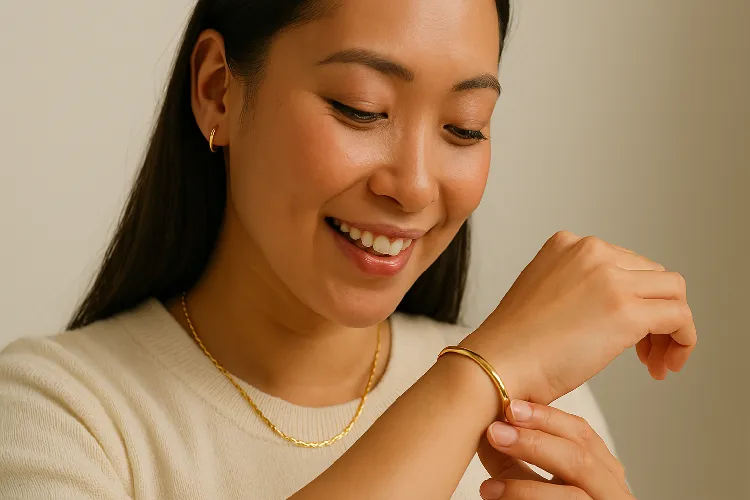 a person with sensitive skin wearing gold-filled jewelry, highlighting the hypoallergenic nature of the pieces. a person with sensitive skin wearing gold-filled jewelry, highlighting the hypoallergenic nature of the pieces.
