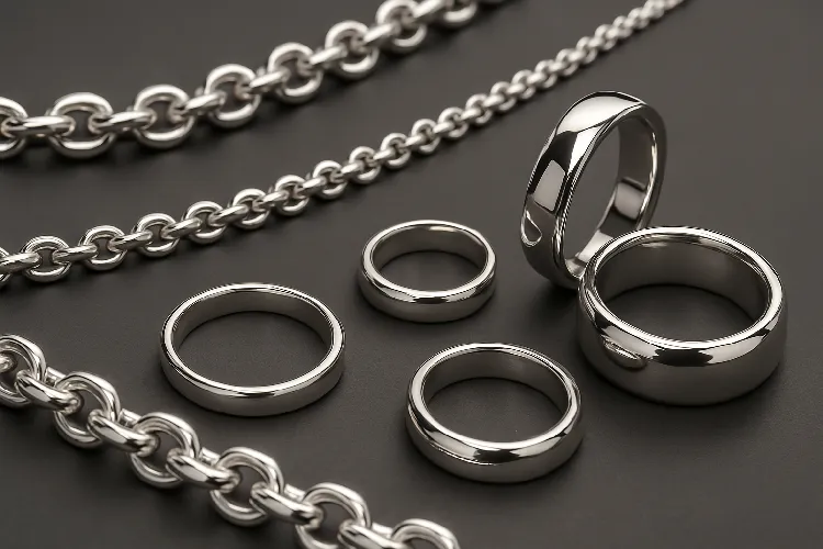 Polished sterling silver jewelry pieces including cable chains and rings Polished sterling silver jewelry pieces including cable chains and rings