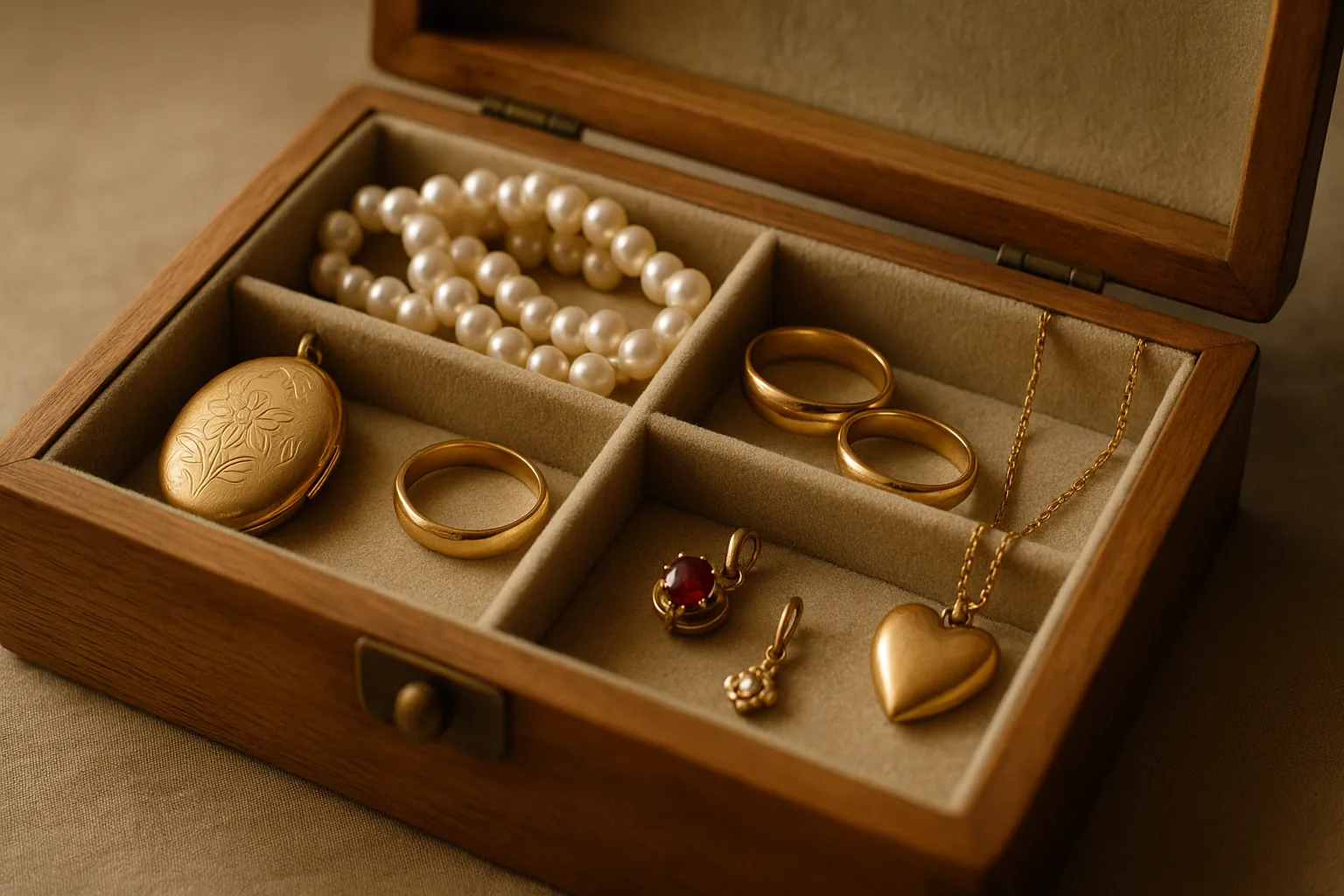 The jewelry box contains pearl necklaces, golden rings, pendants and earrings.