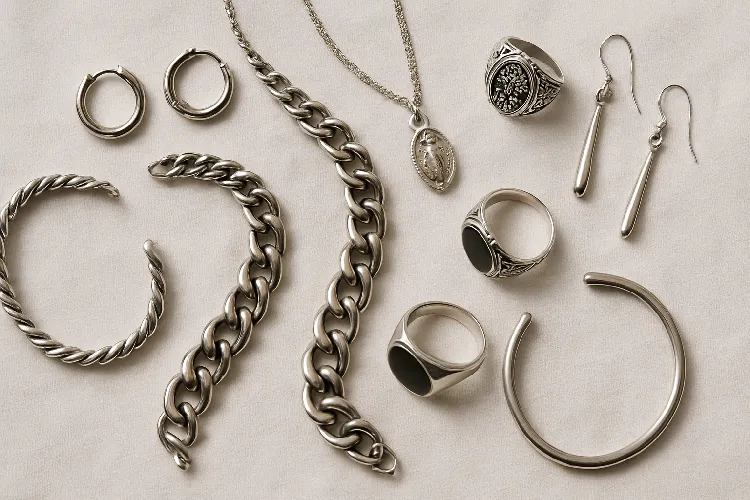 Flat lay of stainless steel and sterling silver jewelry showcasing diverse designs. Flat lay of stainless steel and sterling silver jewelry showcasing diverse designs.