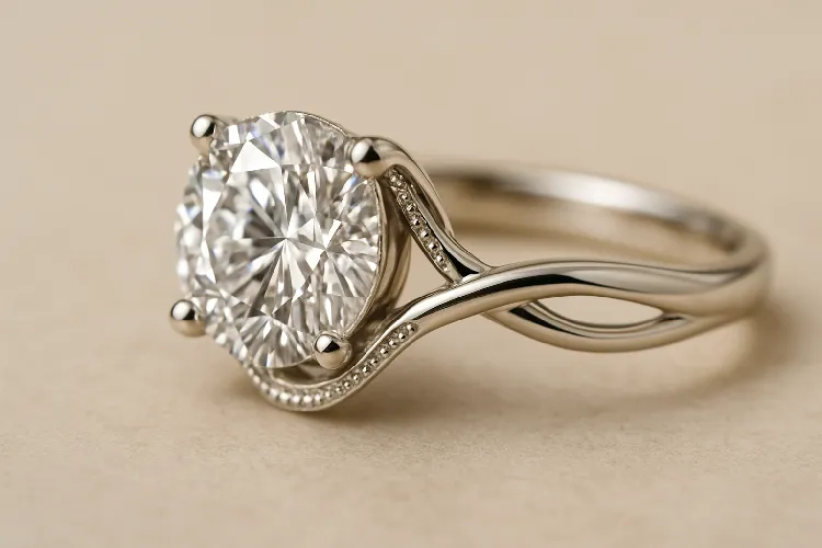 Silver diamond engagement ring, with a large diamond in the center, elegant design. Silver diamond engagement ring, with a large diamond in the center, elegant design.