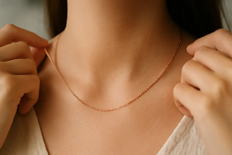 Woman wearing rose gold necklace in soft light Woman wearing rose gold necklace in soft light