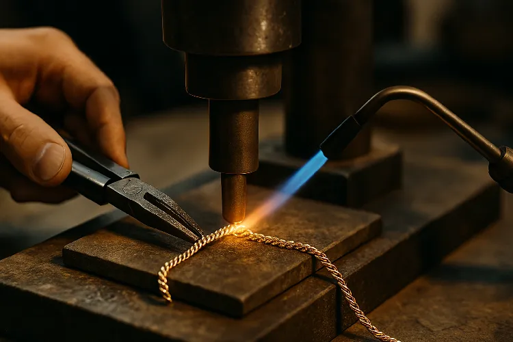 The jeweler bonded the gold plating to the base metal at high temperatures. The jeweler bonded the gold plating to the base metal at high temperatures.