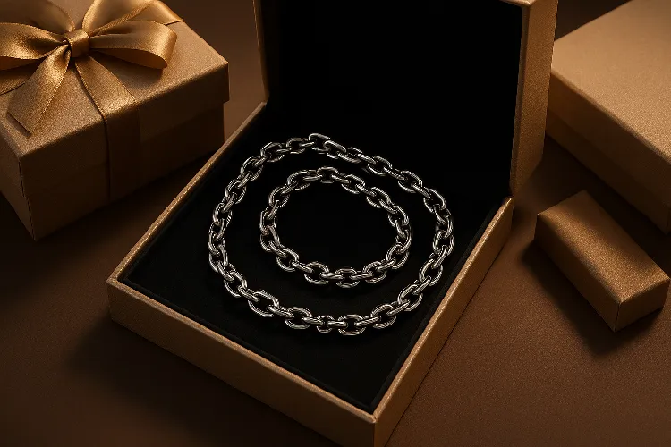 A high-quality stainless steel cable chain necklace, placed in a jewelry box A high-quality stainless steel cable chain necklace, placed in a jewelry box