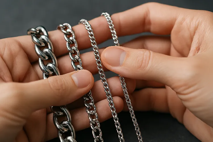 Silver metal chain thickness contrast Silver metal chain thickness contrast