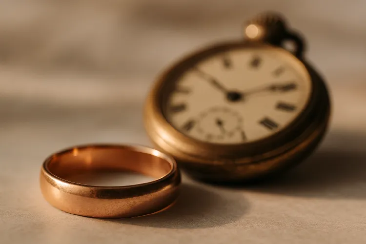 Rose gold ring beside vintage watch Rose gold ring beside vintage watch