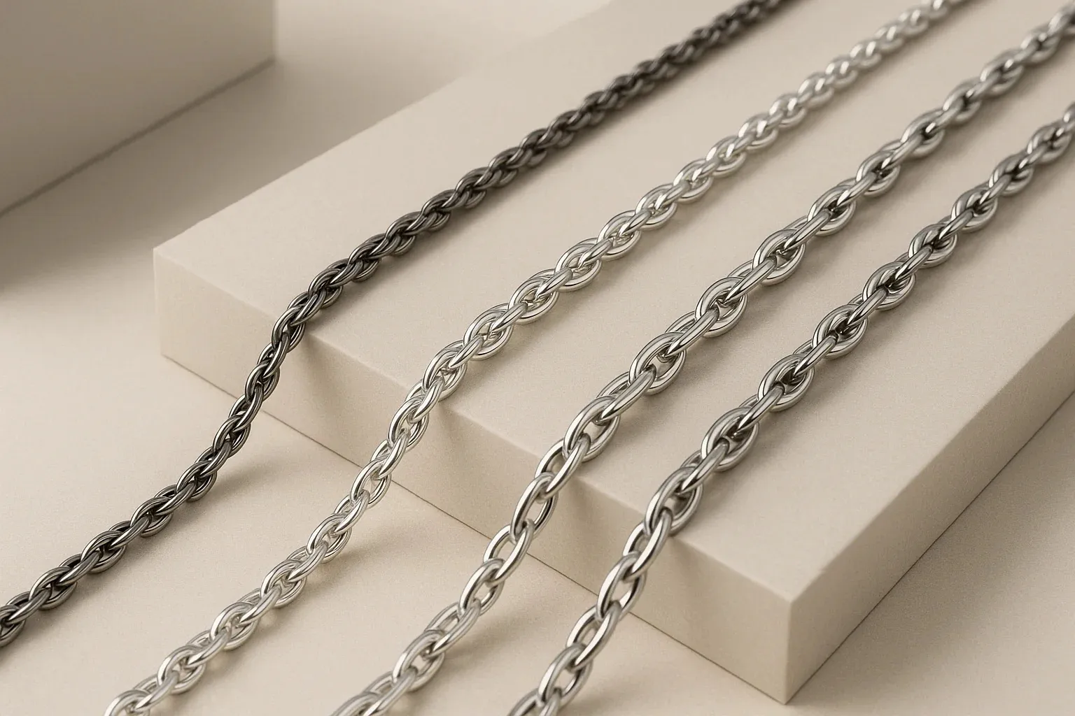 Stainless steel and sterling silver cable chains beautifully displayed with soft lighting
