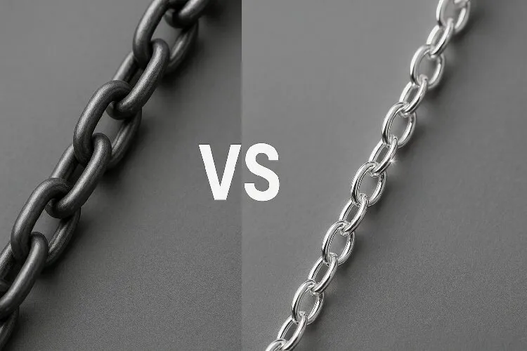Side-by-side comparison of stainless steel and sterling silver cable chains. Side-by-side comparison of stainless steel and sterling silver cable chains.