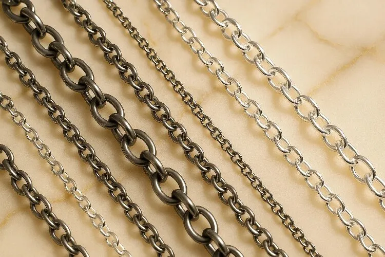 Luxurious flat lay of stainless steel and sterling silver cable chains Luxurious flat lay of stainless steel and sterling silver cable chains
