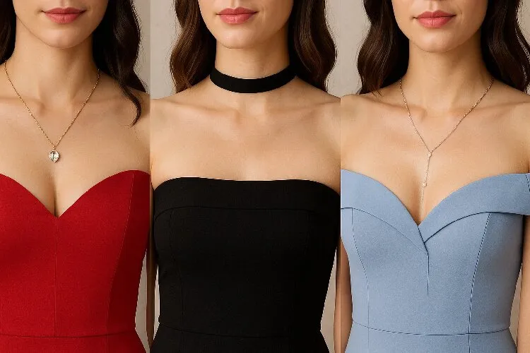 Different off-the-shoulder dress necklines paired with matching necklaces Different off-the-shoulder dress necklines paired with matching necklaces