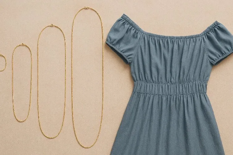 Various necklace lengths displayed next to an off-the-shoulder dress. Various necklace lengths displayed next to an off-the-shoulder dress.