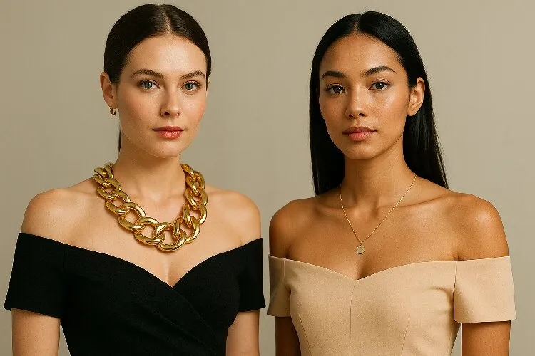 Statement and minimalist necklaces paired with off-the-shoulder dresses Statement and minimalist necklaces paired with off-the-shoulder dresses