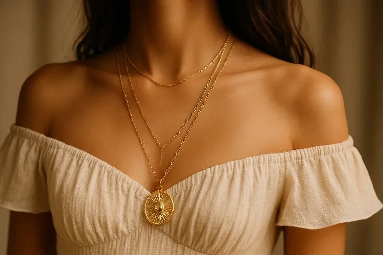 Layered gold necklaces with a bold statement pendant paired with an off-the-shoulder dress Layered gold necklaces with a bold statement pendant paired with an off-the-shoulder dress